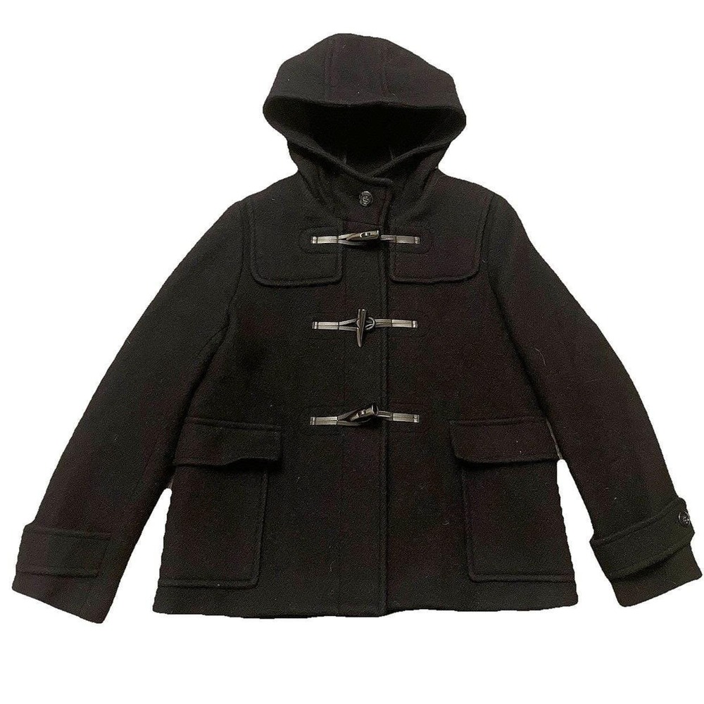 GU Wool Duffle Coat Women L Cropped Black Toggle Lined Hooded Heavyweight Japan - Picture 3 of 10